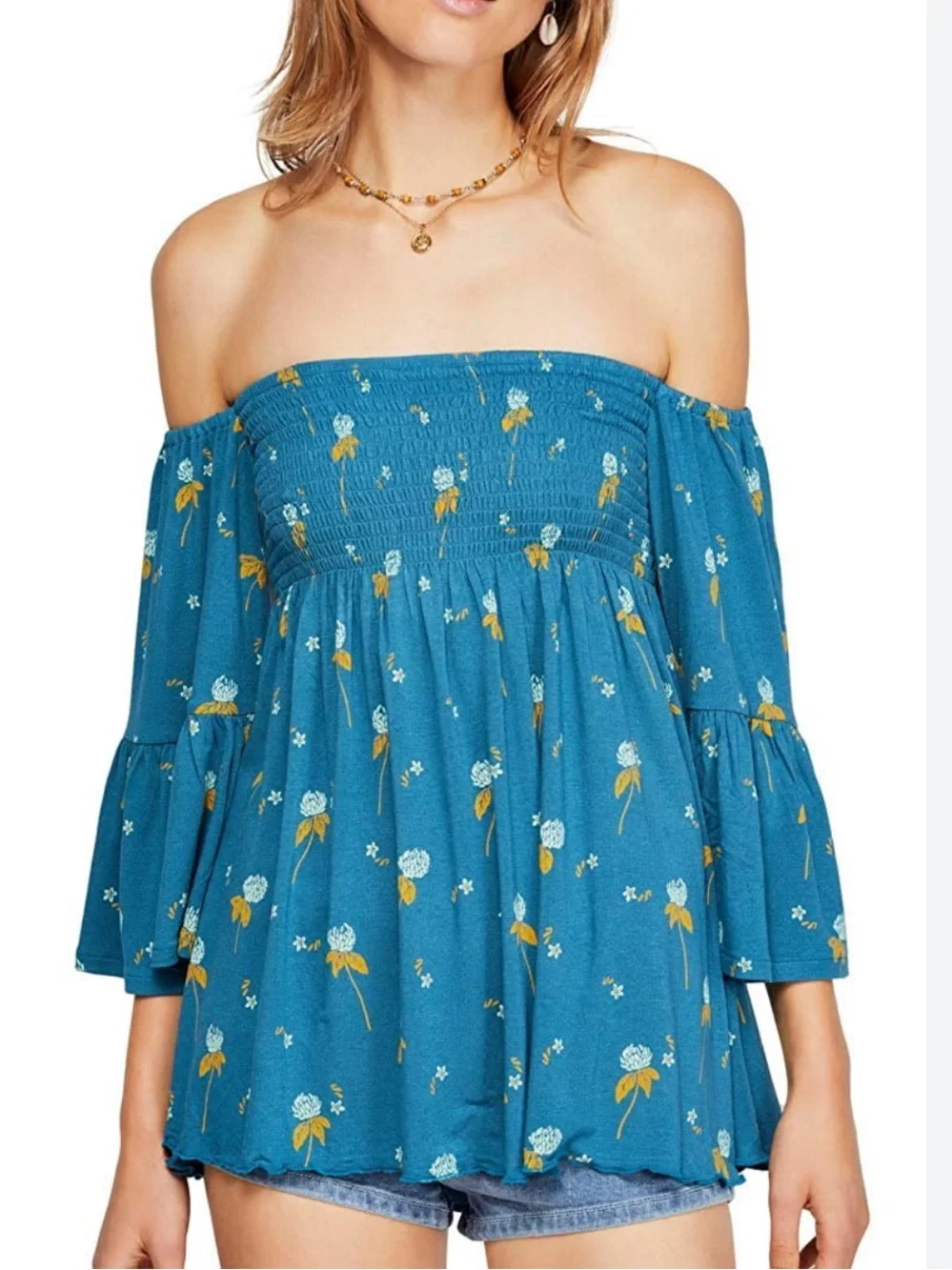 Free People Smocked Top L Blue Floral Off Shoulder‎ Boho Festival Retro